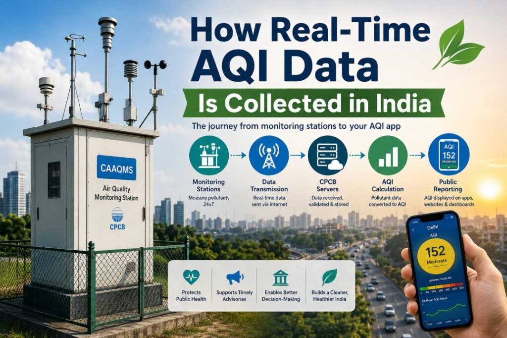 Featured infographic showing how real-time AQI data is collected, processed, and reported in India.