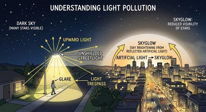 Simple light pollution diagram showing an unshielded streetlight, upward light, glare, light trespass, and skyglow over a city at night.