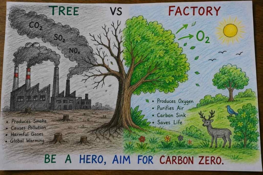 Educational drawing comparing industrial pollution with natural air purification by trees.