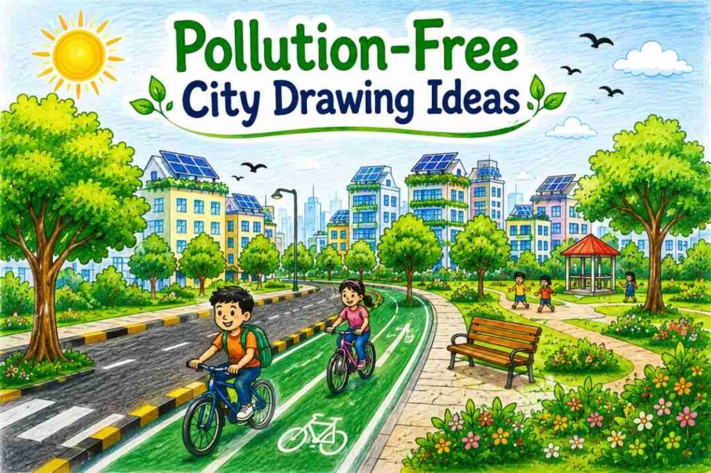 Pollution-free city drawing ideas featuring bicycle lanes, solar-powered buildings, trees, and a clean urban environment for school competitions.