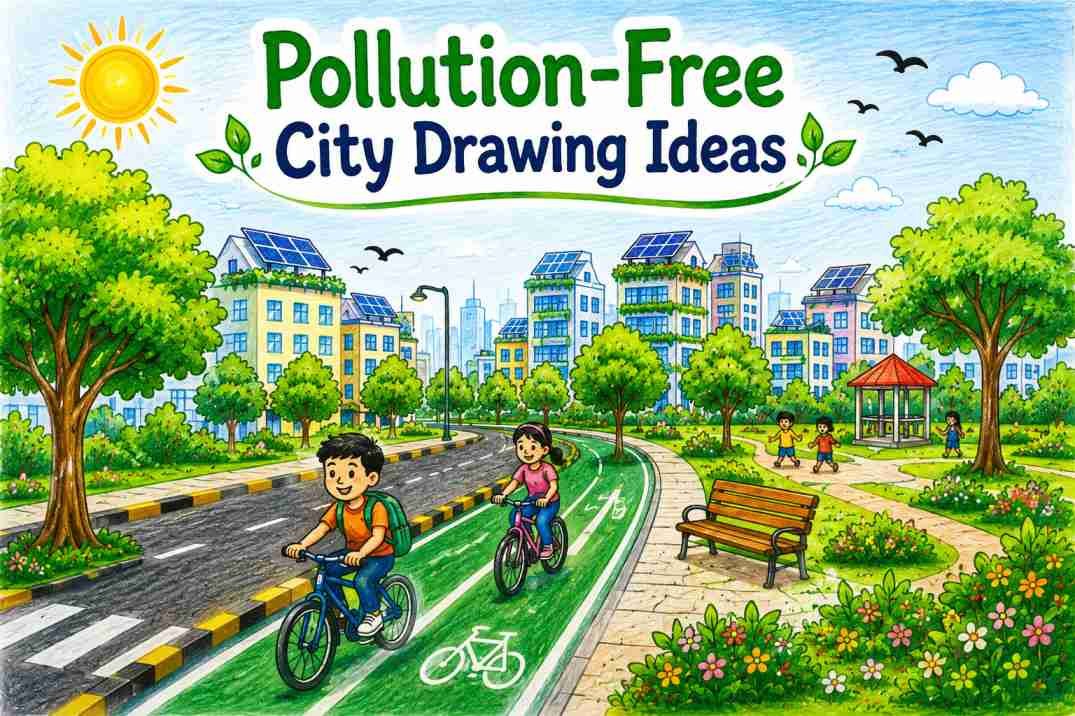Pollution-free city drawing ideas featuring bicycle lanes, solar-powered buildings, trees, and a clean urban environment for school competitions.
