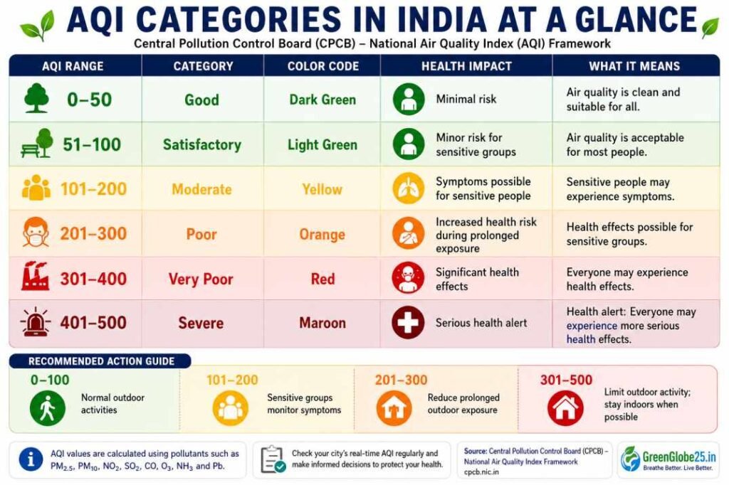 AQI categories in India chart showing CPCB AQI ranges from 0 to 500 with health impacts and recommended actions.
