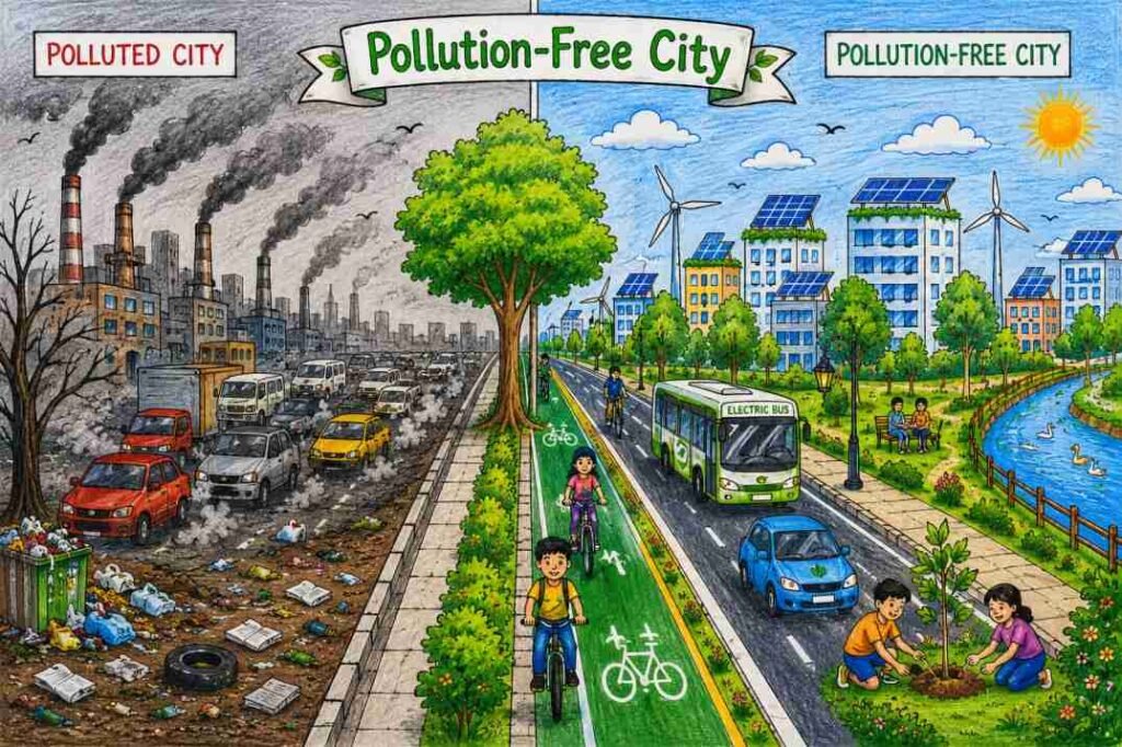 Pollution-free city drawing for school competitions showing clean roads, bicycle lanes, solar-powered buildings, trees, and a clean river.