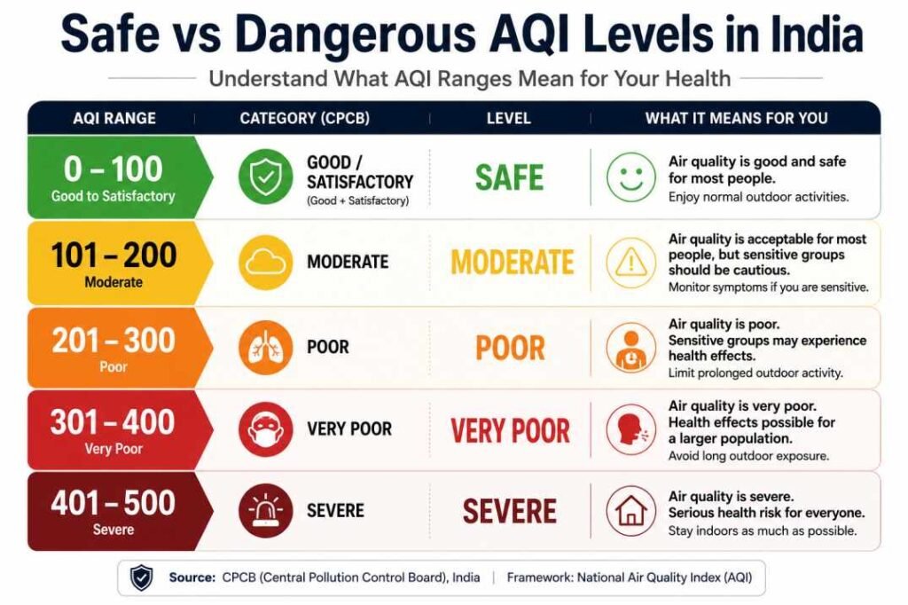 Safe vs dangerous AQI levels in India showing CPCB air quality categories from Good to Severe.
