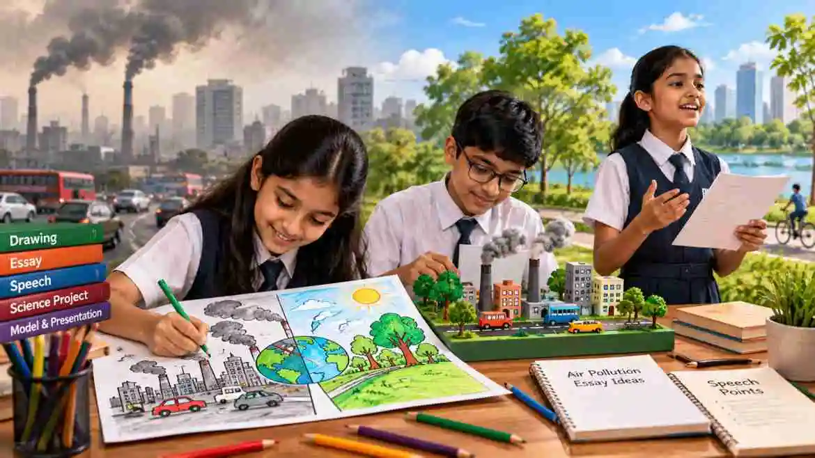 Indian school students working on air pollution drawings and science projects
